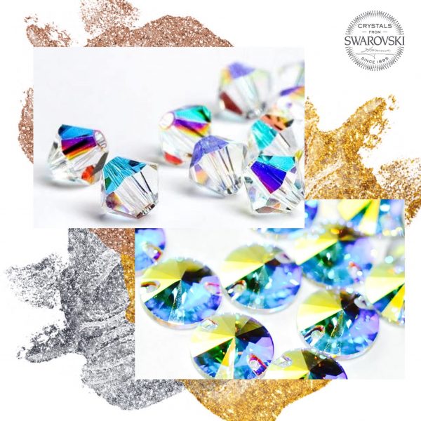 cristaux AB de Swarovski mise en valeur sur fond or argent cuivre
