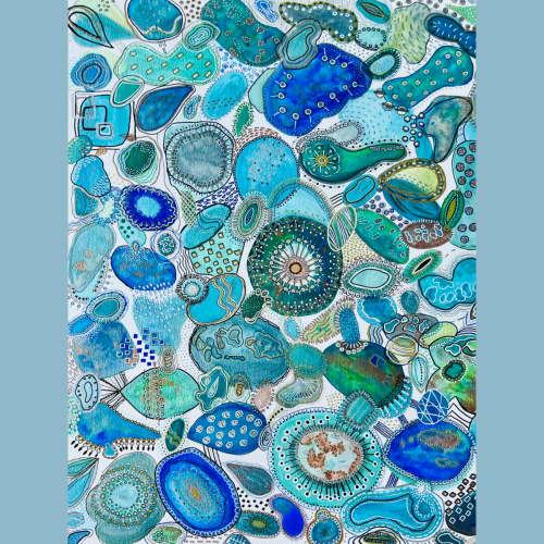 Aquarelle ballet d’azur et d’émeraudes, vue d’ensemble : galets en dégradés de bleus et de verts – Aline B Création