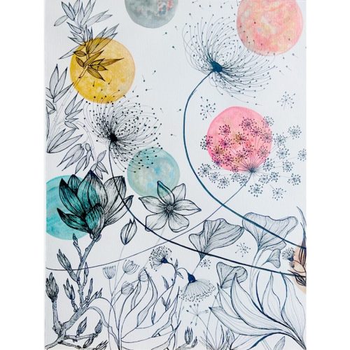 Aquarelle originale Brise d’été aux nuances de jaune, gris, rose, corail, vert d’eau et turquoise, mettant en scène des fleurs aériennes et des feuillages délicats.