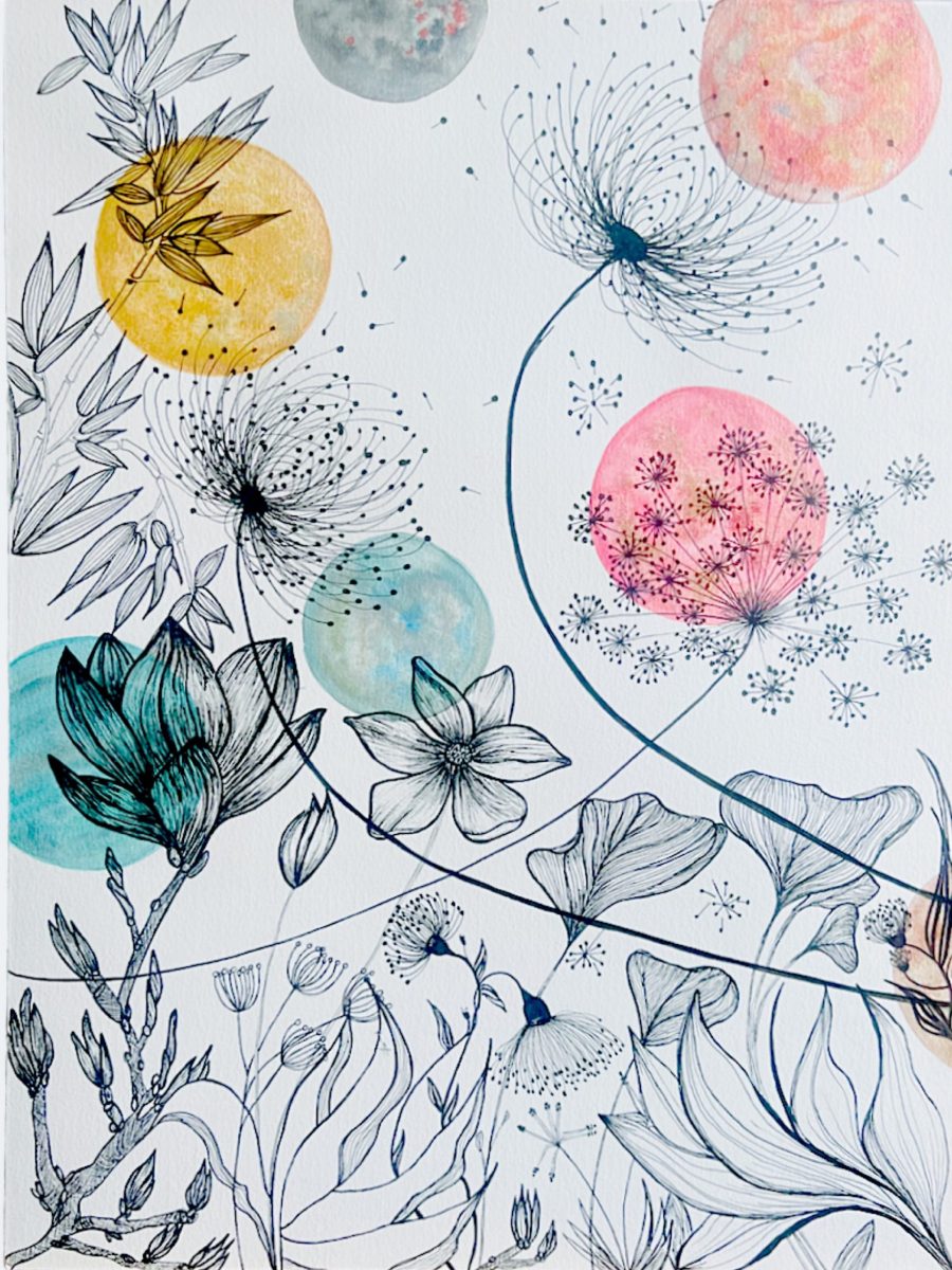 Aquarelle originale Brise d’été aux nuances de jaune, gris, rose, corail, vert d’eau et turquoise, mettant en scène des fleurs aériennes et des feuillages délicats.