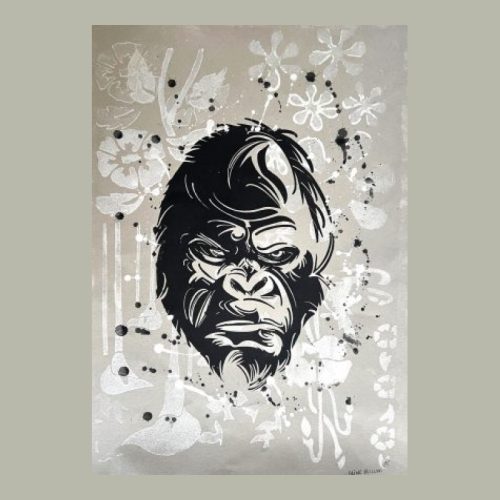Face to Face – Silence en tension, œuvre originale gorille noir sur fond floral argenté.