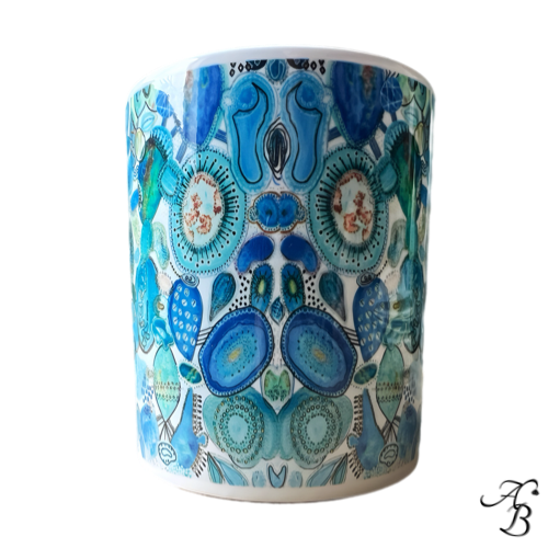 Mug I LOVE ART - Ballet d’azur et d’émeraudes, création unique en porcelaine inspirée d’une toile originale peinte à la main