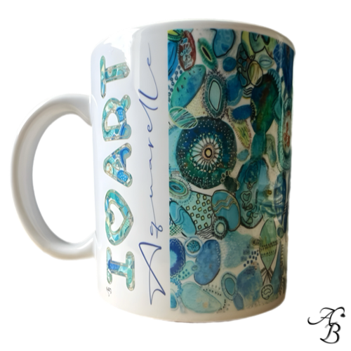 Mug I LOVE ART - Ballet d’azur et d’émeraudes, création unique en porcelaine inspirée d’une toile originale peinte à la main