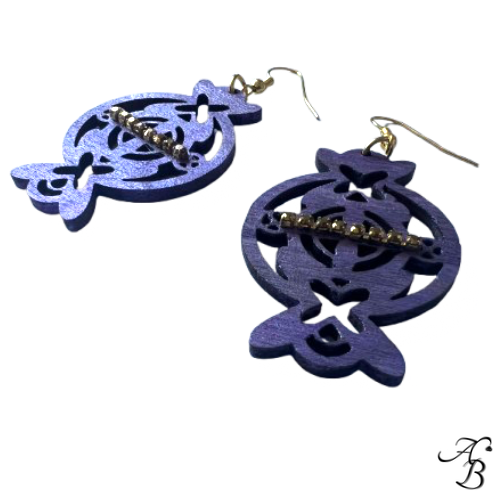 Boucles d’oreilles bois violettes Mécanique du temps avec cristaux Swarovski dorés – Aline B Création.
