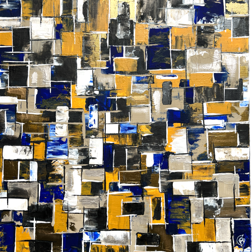 Toile acrylique originale Vintage Wall – peinture abstraite géométrique aux tons gris, argent, taupe, bleu nuit, bronze métallisé et blanc – Aline B Création