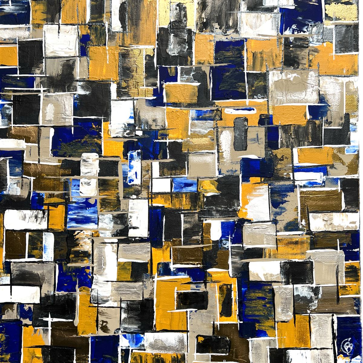Toile acrylique originale Vintage Wall – peinture abstraite géométrique aux tons gris, argent, taupe, bleu nuit, bronze métallisé et blanc – Aline B Création