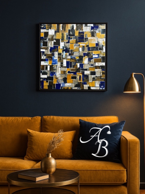 Toile acrylique originale Vintage Wall – peinture abstraite géométrique aux tons gris, argent, taupe, bleu nuit, bronze métallisé et blanc – Aline B Création