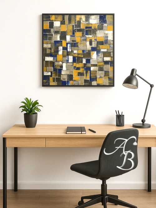 Toile acrylique originale Vintage Wall – peinture abstraite géométrique aux tons gris, argent, taupe, bleu nuit, bronze métallisé et blanc – Aline B Création