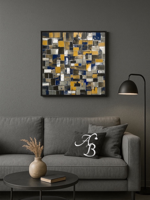 Toile acrylique originale Vintage Wall – peinture abstraite géométrique aux tons gris, argent, taupe, bleu nuit, bronze métallisé et blanc – Aline B Création