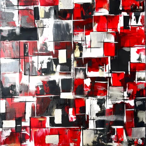 Tableau moderne Passion Wall – peinture abstraite originale rouge, noir, gris, blanc et doré sur châssis entoilé 40x40 cm – Aline B Création
