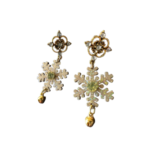 Boucles d’oreilles clous Flocon clochette dorée en bois mordoré et cristal jaune, pampilles dorées, création artisanale Aline B Création.
