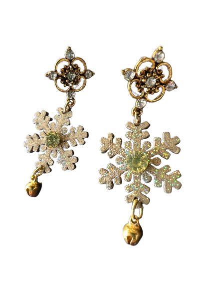 Boucles d’oreilles clous Flocon clochette dorée en bois mordoré et cristal jaune, pampilles dorées, création artisanale Aline B Création.