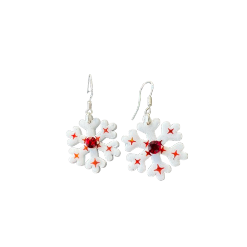 Boucles d’oreilles Flocon Givré en bois blanc, cristal rouge et paillettes holographiques, création artisanale Aline B Création.