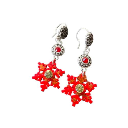 Boucles d’oreilles Rouge Enchanté en bois peint à la main avec cristaux, création artisanale Aline B Création.