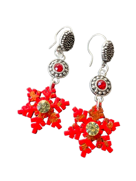 Boucles d’oreilles Rouge Enchanté en bois peint à la main avec cristaux, création artisanale Aline B Création.