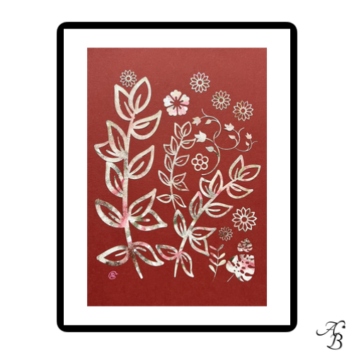 Fleurs aquarellées découpées et collées sur papier terracotta.