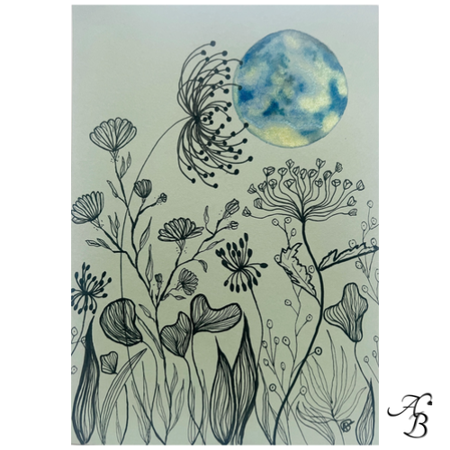 Illustration aquarelle originale Halo botanique S1 avec lune bleutée iridescente et dessin botanique à l’encre sur papier vert amande.