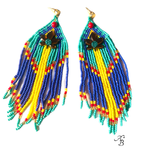 Boucles d’oreilles clous Tropiques sauvages en perles turquoise, violet, rouge et jaune avec fleur ambre.