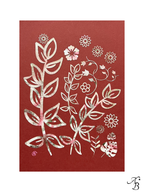 Fleurs aquarellées découpées et collées sur papier terracotta.