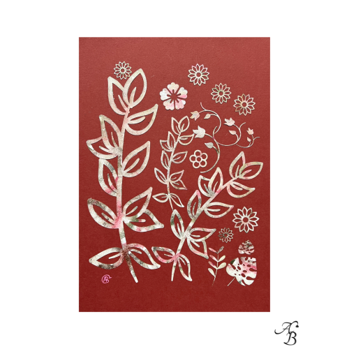 Fleurs aquarellées découpées et collées sur papier terracotta.