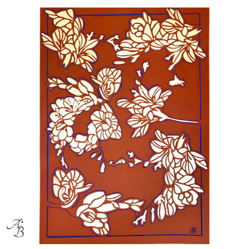 dessin original Florargentum sur papier terracotta avec fleurs argentées