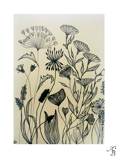 Illustration originale RDV botanique avec dessin floral noir sur papier beige teinté dans la masse.