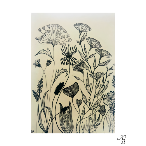 Illustration originale RDV botanique avec dessin floral noir sur papier beige teinté dans la masse.