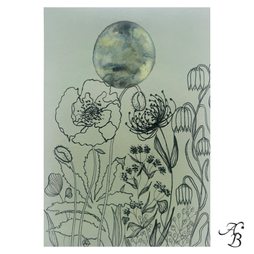 Illustration aquarelle originale Halo botanique S2 avec lune grise bleutée jaune et dessin botanique sur papier vert amande.
