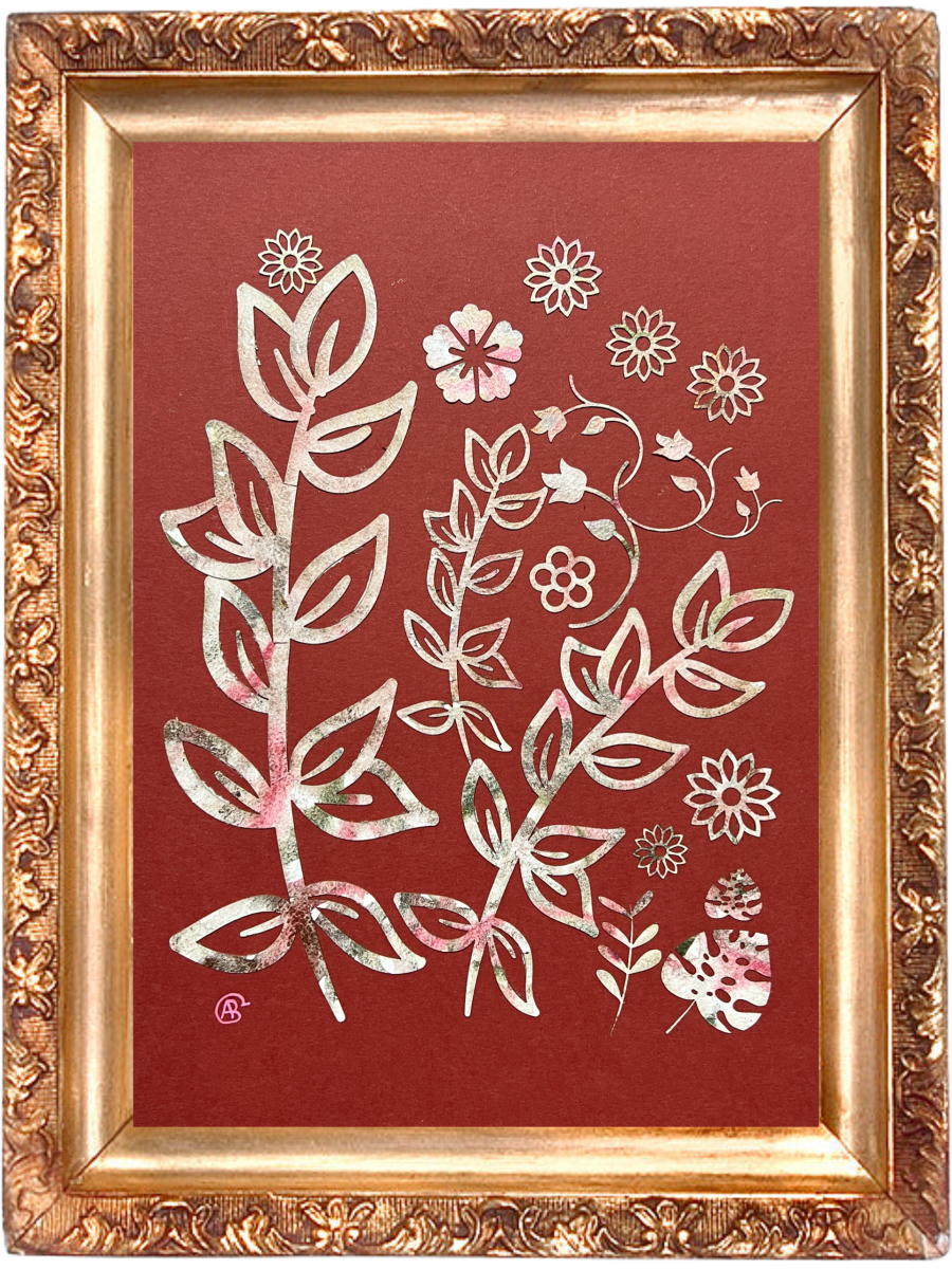 Fleurs aquarellées découpées et collées sur papier terracotta.