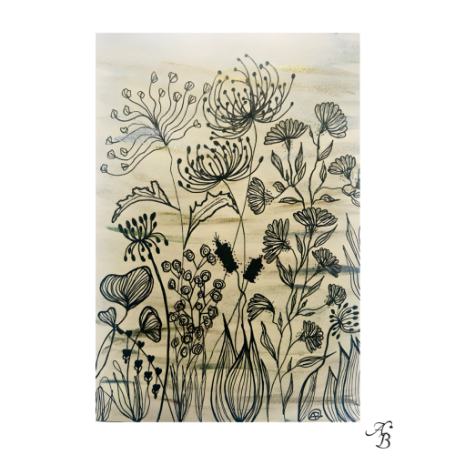 Illustration aquarelle originale Brume matinale avec fond beige irisé et dessin floral noir.