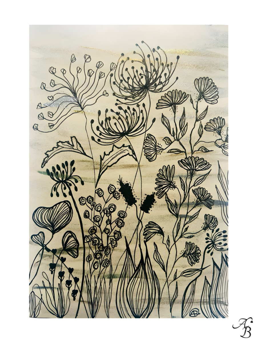 Illustration aquarelle originale Brume matinale avec fond beige irisé et dessin floral noir.