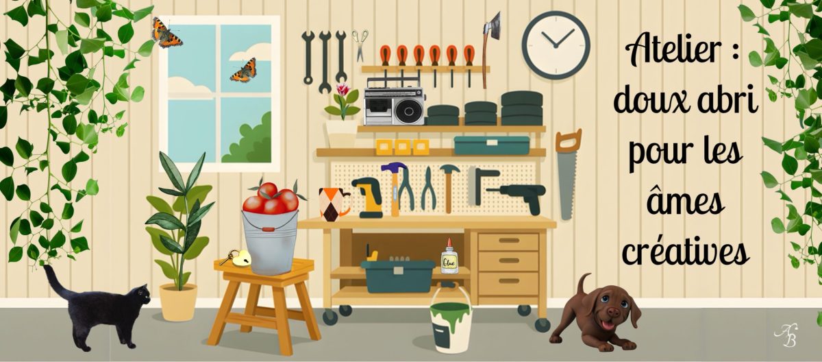 Avec son illustration pleine de détails – un atelier lumineux peuplé d’outils, de plantes, de petits animaux et de touches colorées – il rend hommage à ces lieux où naissent les idées et les projets.