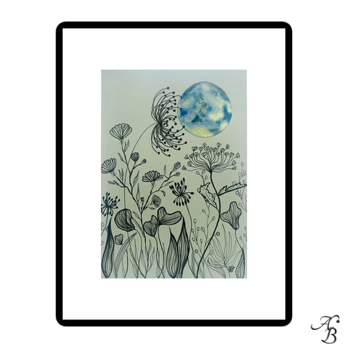 Illustration aquarelle originale Halo botanique S1 avec lune bleutée iridescente et dessin botanique à l’encre sur papier vert amande.