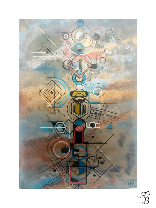 Illustration aquarelle originale Codex irisé fragment 2 avec motifs géométriques noirs, vieux rose, bleu et argenté sur fond bleuté et cuivré.