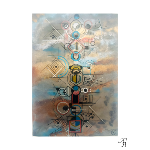 Illustration aquarelle originale Codex irisé fragment 2 avec motifs géométriques noirs, vieux rose, bleu et argenté sur fond bleuté et cuivré.