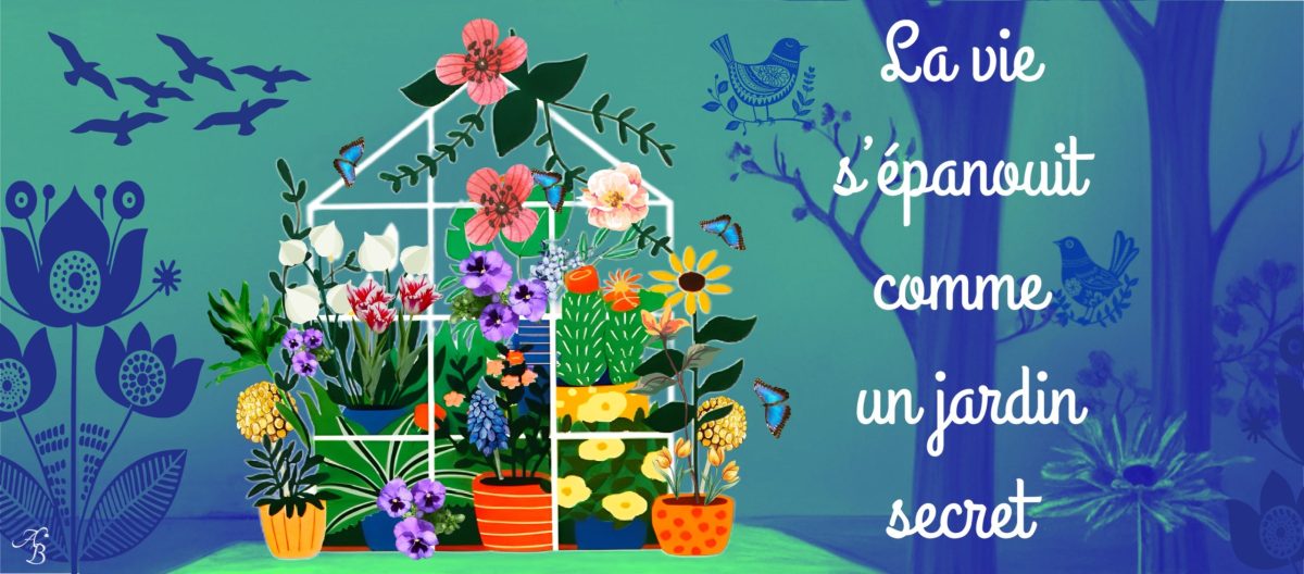 on design délicat illustre une serre remplie de fleurs et de plantes colorées, accompagnée de la citation poétique « La vie s’épanouit comme un jardin secret ». Un mug qui transforme chaque boisson chaude en instant de sérénité.