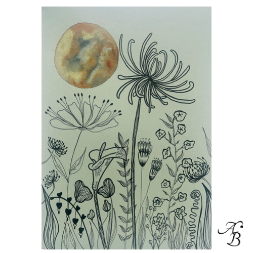 Illustration aquarelle originale Halo botanique S3 avec lune or ocre jaune grisée et dessin botanique sur papier vert amande.