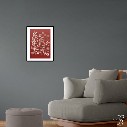 Fleurs aquarellées découpées et collées sur papier terracotta.