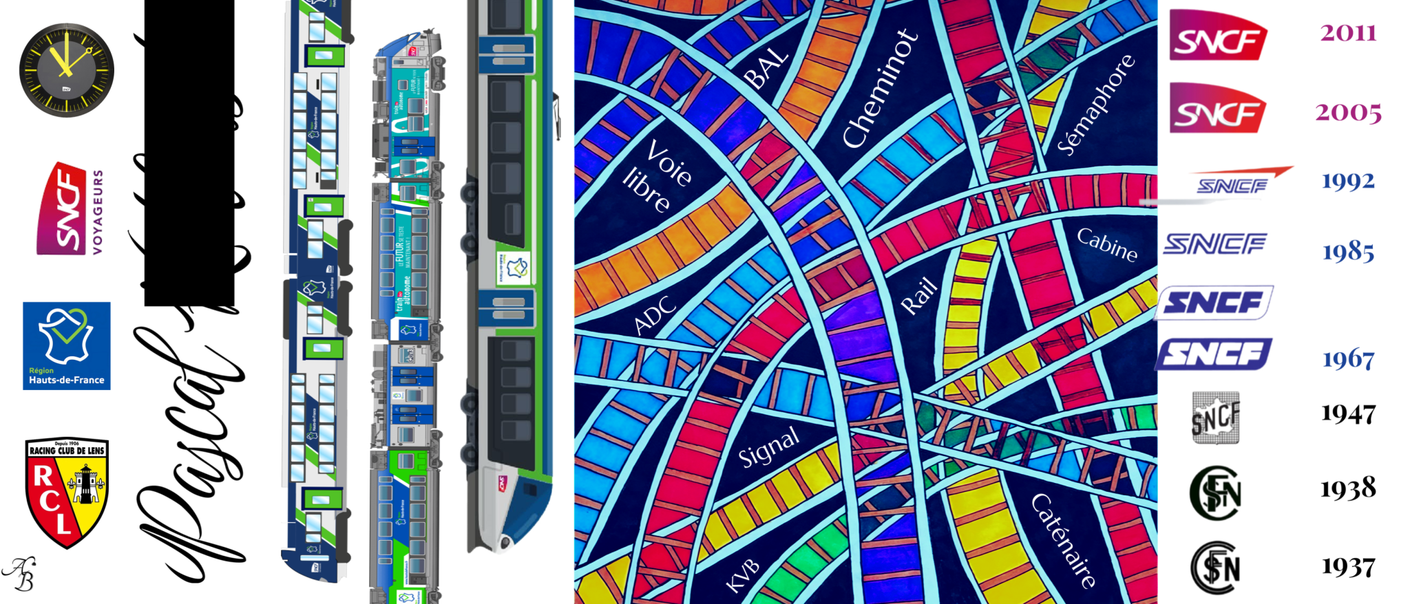 Design de mug personnalisé sur le thème ferroviaire, logos SNCF de différentes époques, motifs de rails colorés et blason de club de football