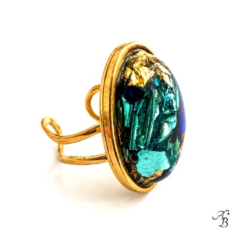Bague ajustable Resin’ Nocturne, cabochon résine bombé bleu nuit et feuille dorée - Aline B Création