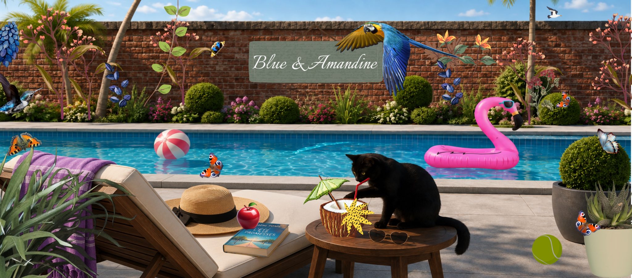 Mug personnalisé représentant une chatte noire au bord d'une piscine avec transat, chapeau de paille et flamant rose gonflable