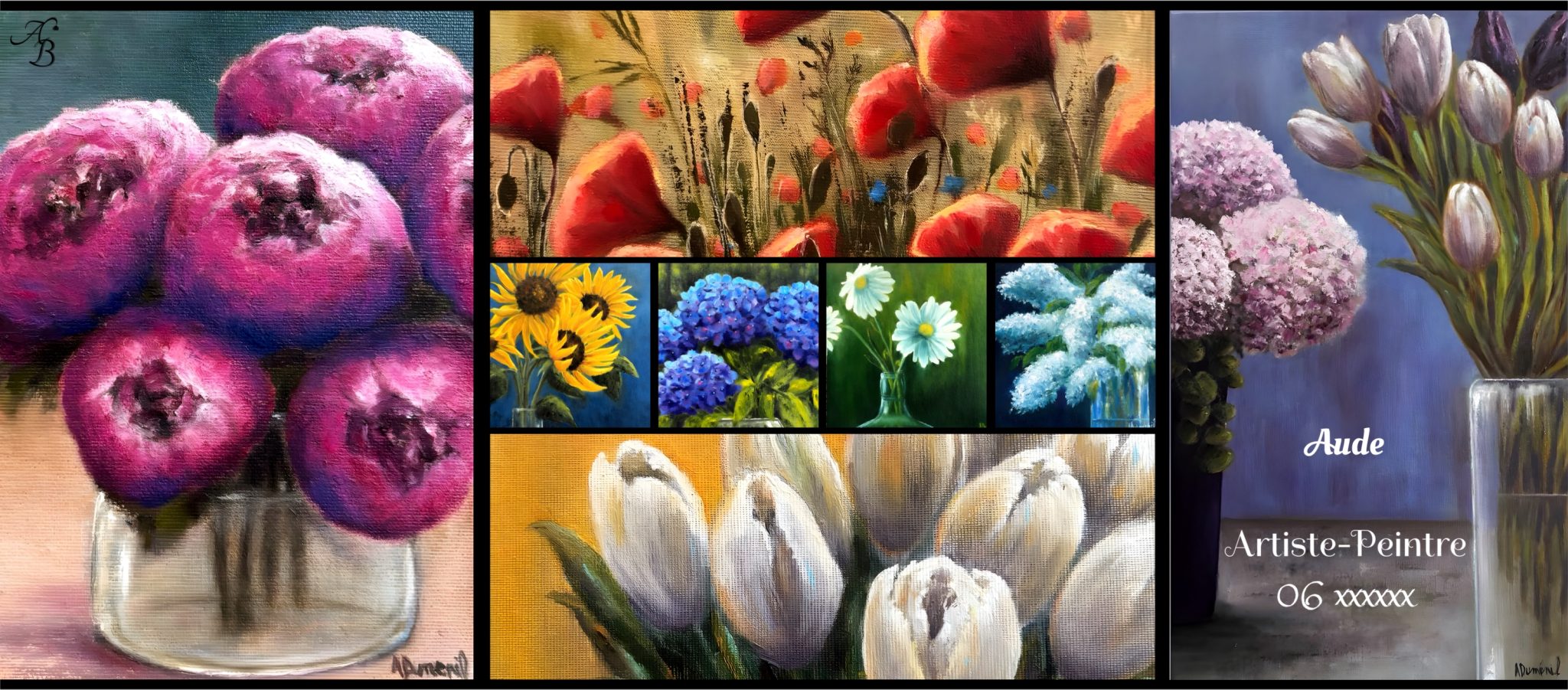 Mug personnalisé pour une artiste-peintre, mosaïque de ses toiles florales et mention de ses coordonnées professionnelles