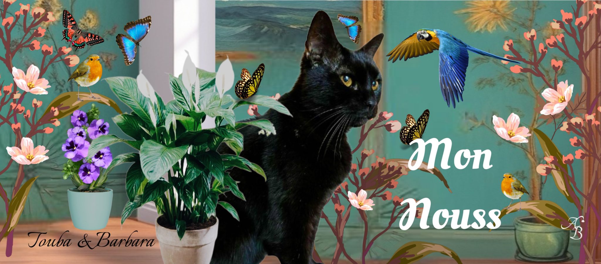 Mug personnalisé hommage à un chat noir, entouré de fleurs, d'oiseaux et de papillons, avec un petit nom affectueux
