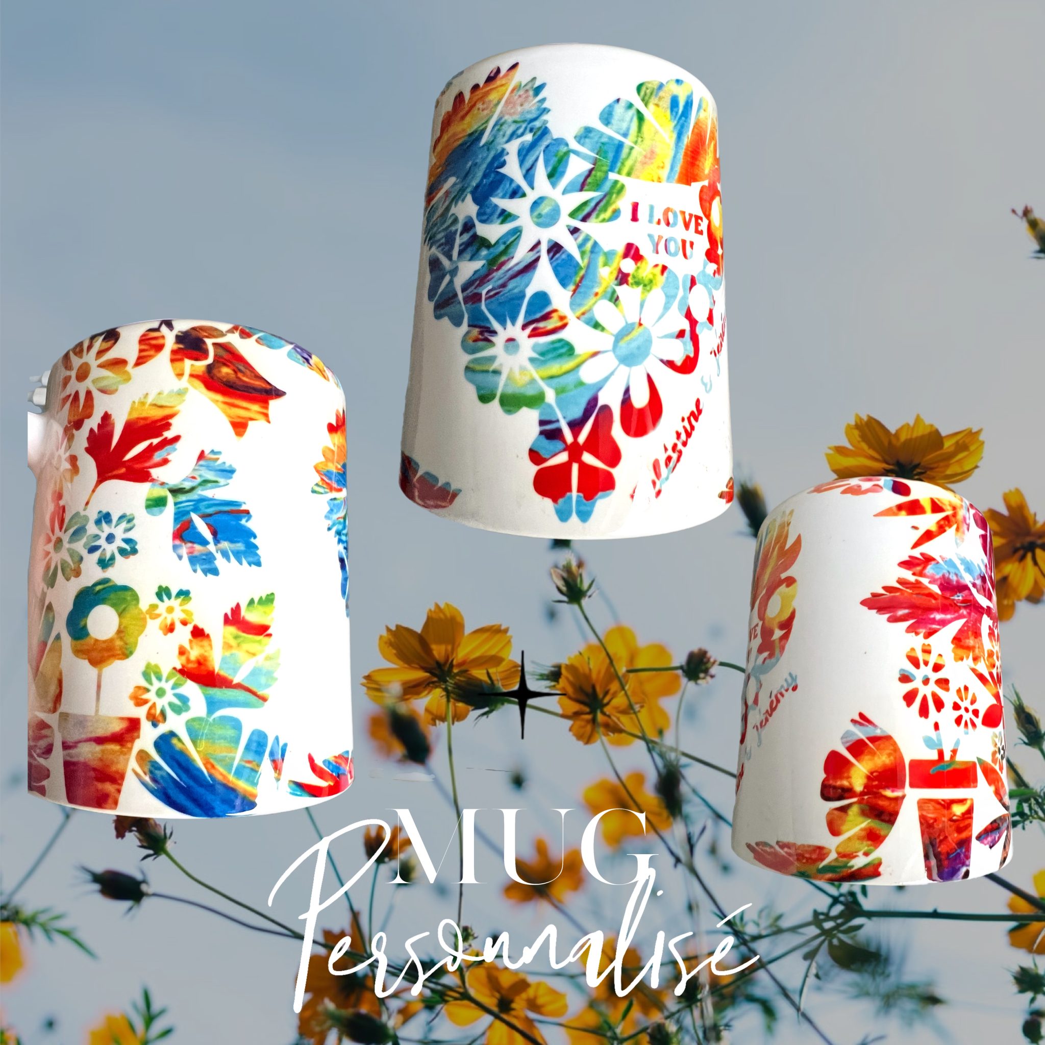 Mug personnalise Celestine et Jeremy, motif floral colore avec coeur de fleurs et message I love you - creation exclusive Aline B Creation