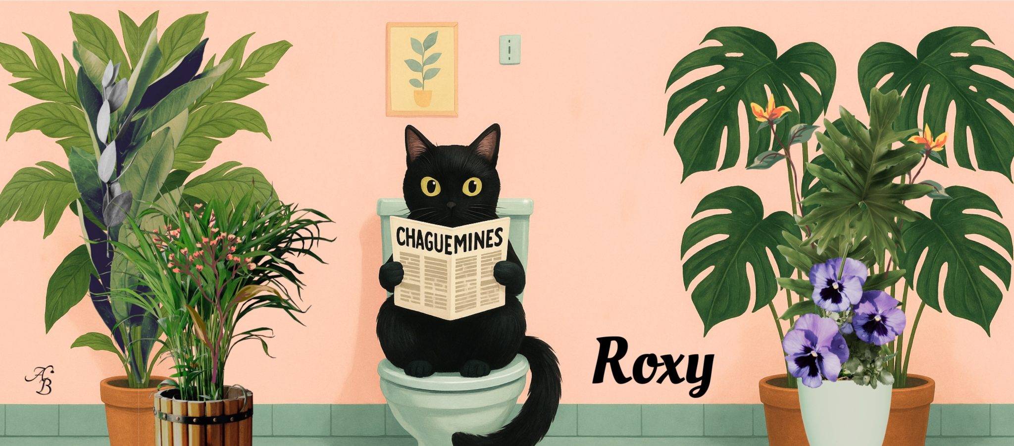 Mug personnalisé avec un chat noir lisant un journal, entouré de plantes vertes, et le prénom Roxy