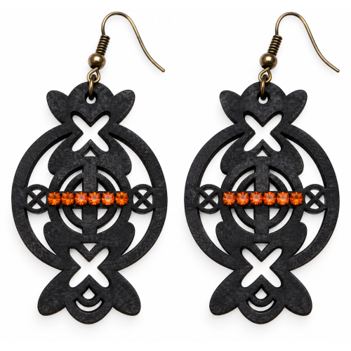 Boucles d’oreilles bois Braise d’ébène de face : médaillon marron foncé et ligne de cristaux orange – Aline B Création