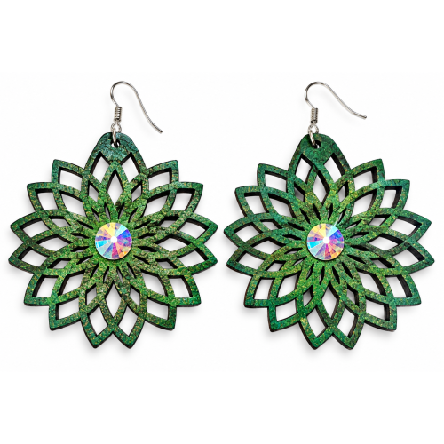Boucles d’oreilles bois Dahlia de jade de face, rosace vert irisé et cristal AB au centre – Aline B Création