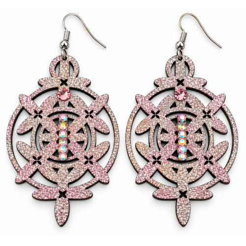Boucles d’oreilles bois Aurore rosée de face : médaillon rose irisé et crochet en argent 925 – Aline B Création