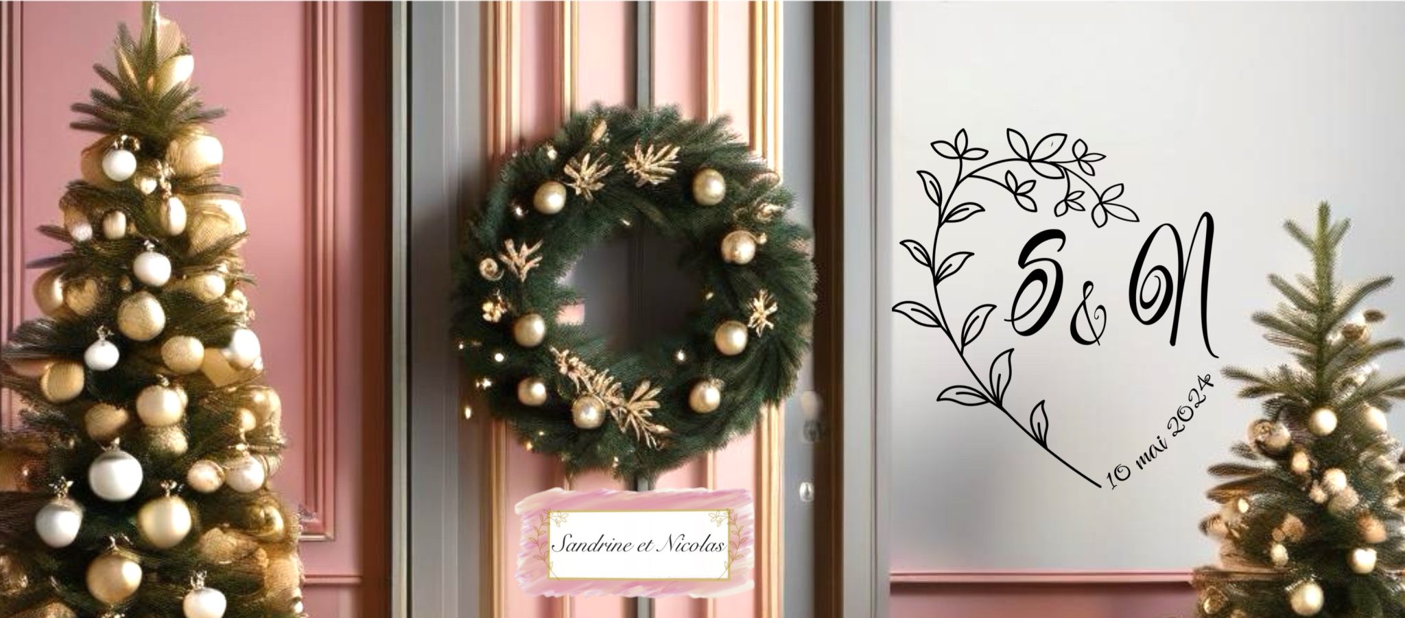 Mug personnalisé de Noël pour de jeunes mariés, sapin et couronne aux boules dorées, monogramme floral S et N et date du mariage