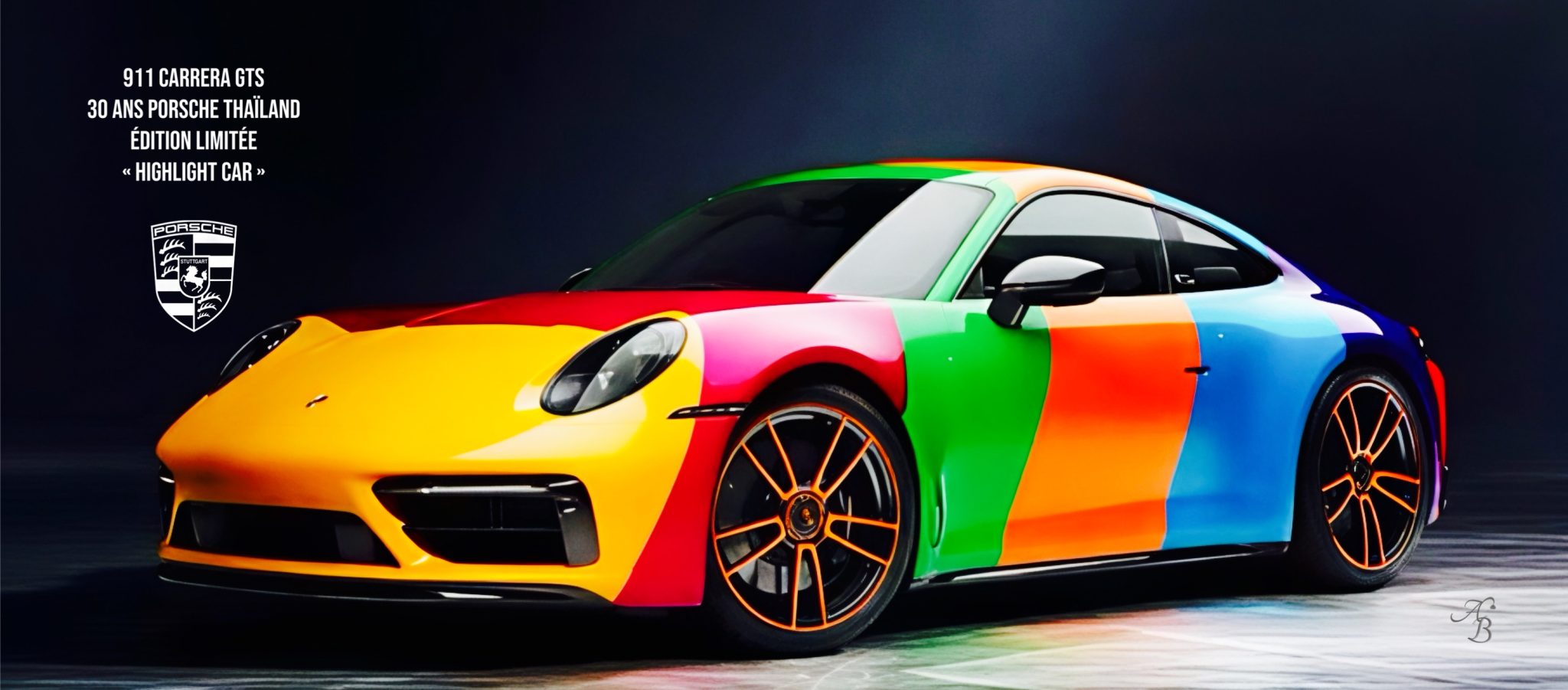Mug personnalisé sur le thème automobile, Porsche 911 Carrera GTS aux couleurs arc-en-ciel, série limitée des 30 ans de Porsche en Thaïlande
